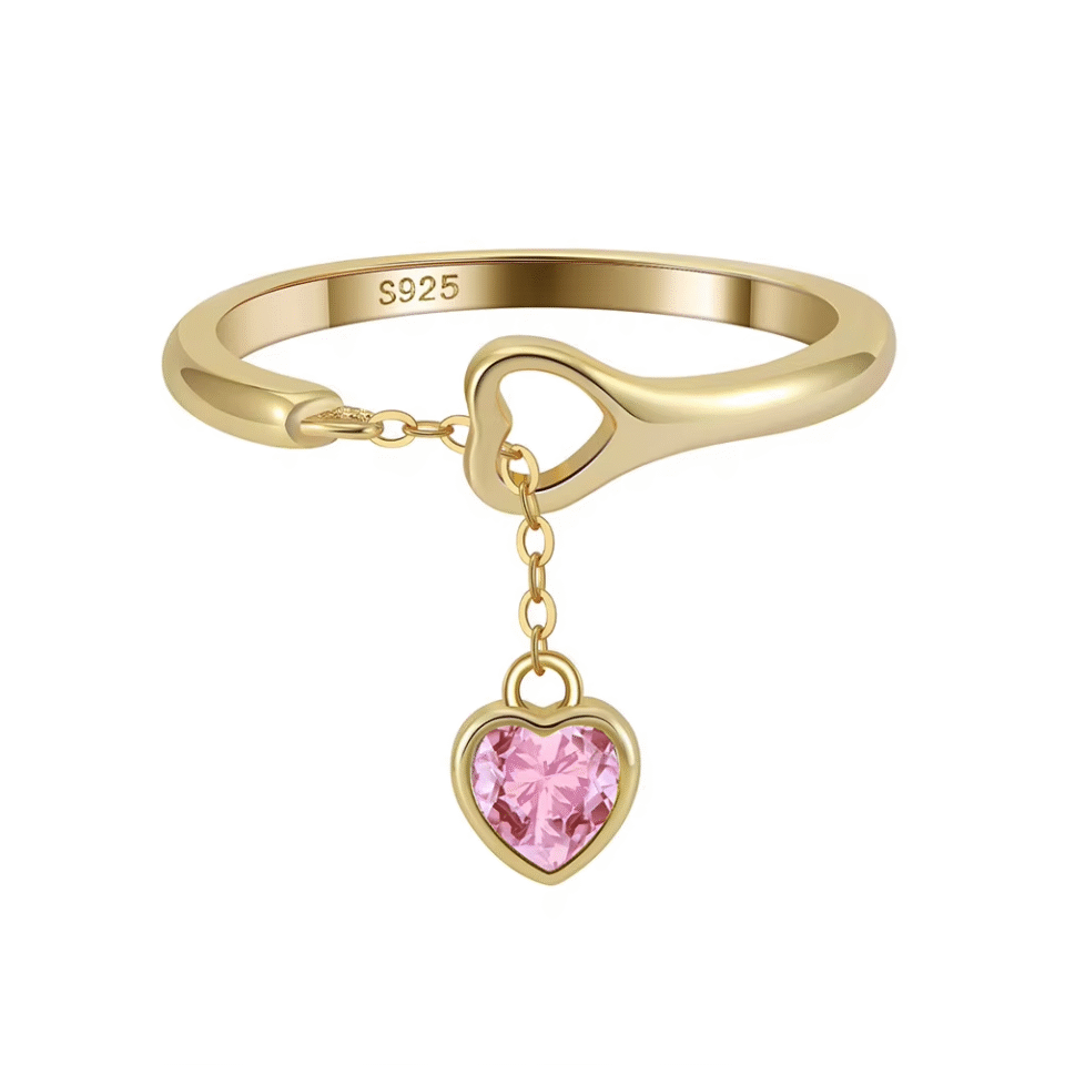Pink Zircon Heart Dangle Ring